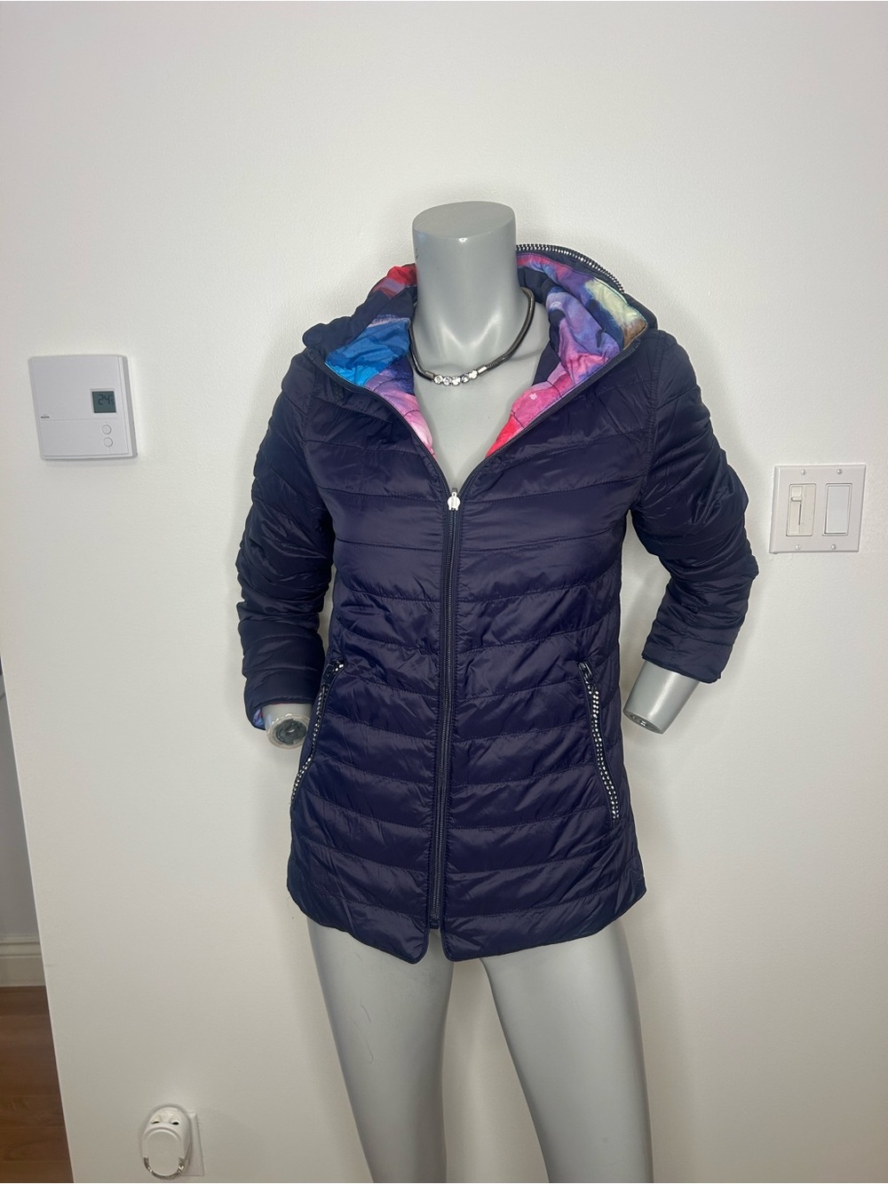 Navy Quilted Hooded Puffer Jacket with Colorful Hood Lining